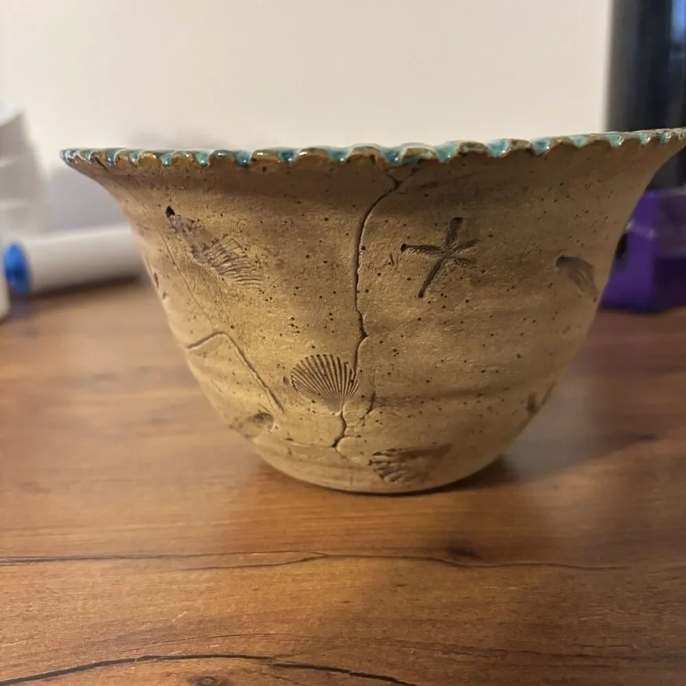 Handmade Artisan Hand Stamped Pottery Nautical Coastal Sea Creature Bowl Teal